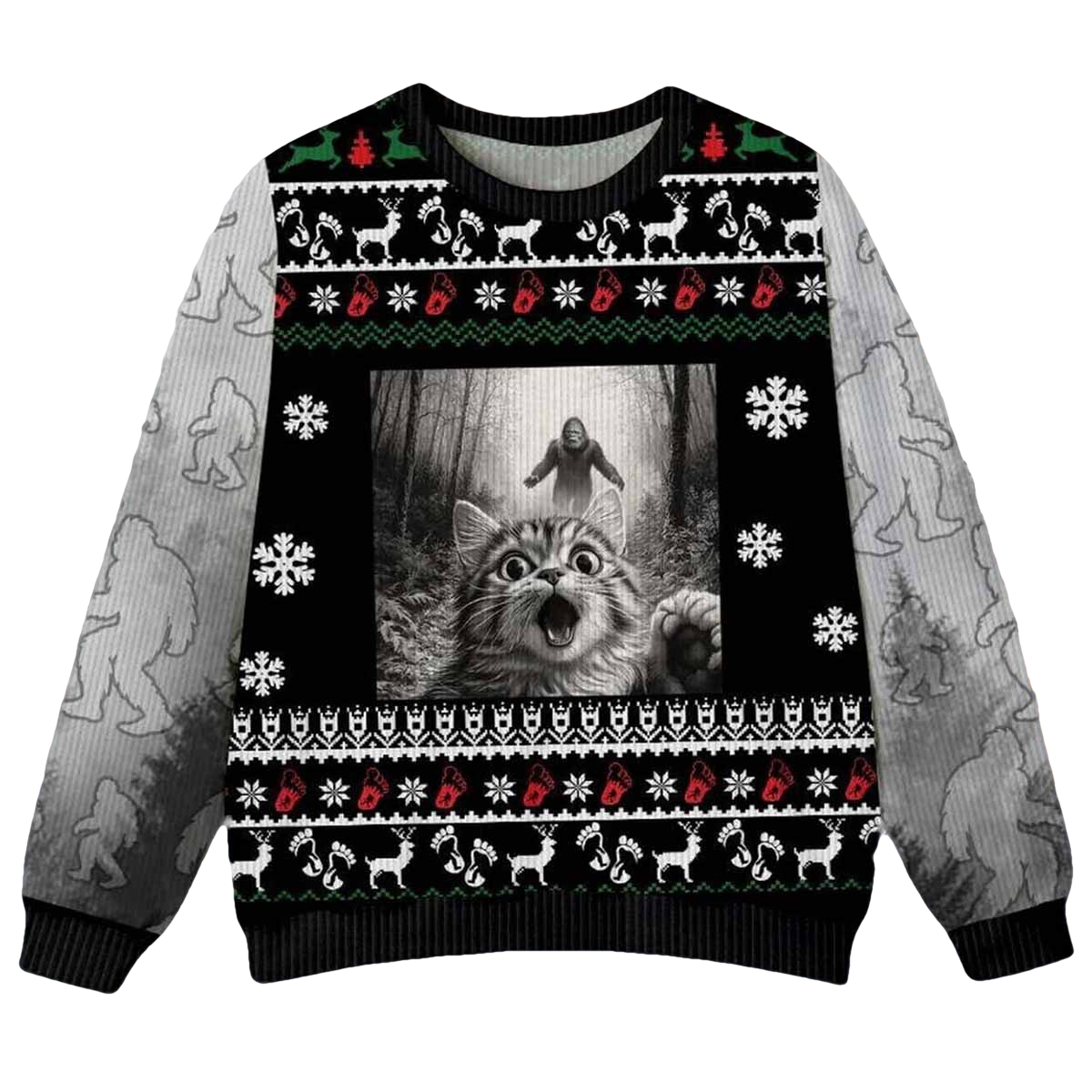 Surprised Scared Cat Selfie With Sasquatch Bigfoot Christmas Ugly Sweater - Moonbestprint