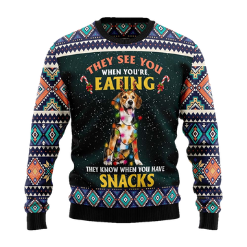 Beagle They See You When You'Re Eating Snacks Christmas Sweater - Moonbestprint