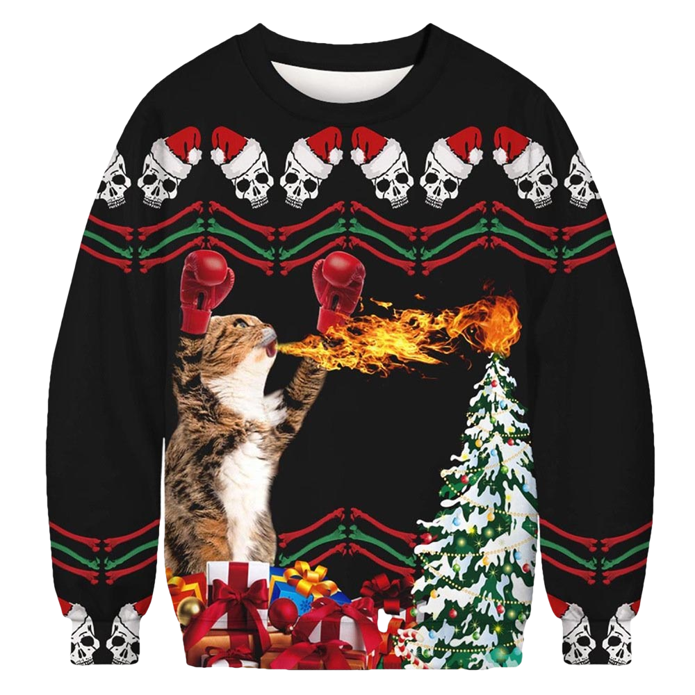 Boxing Cat And Fire Ugly Christmas Sweater - Moonbestprint