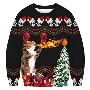 Boxing Cat And Fire Ugly Christmas Sweater - Moonbestprint