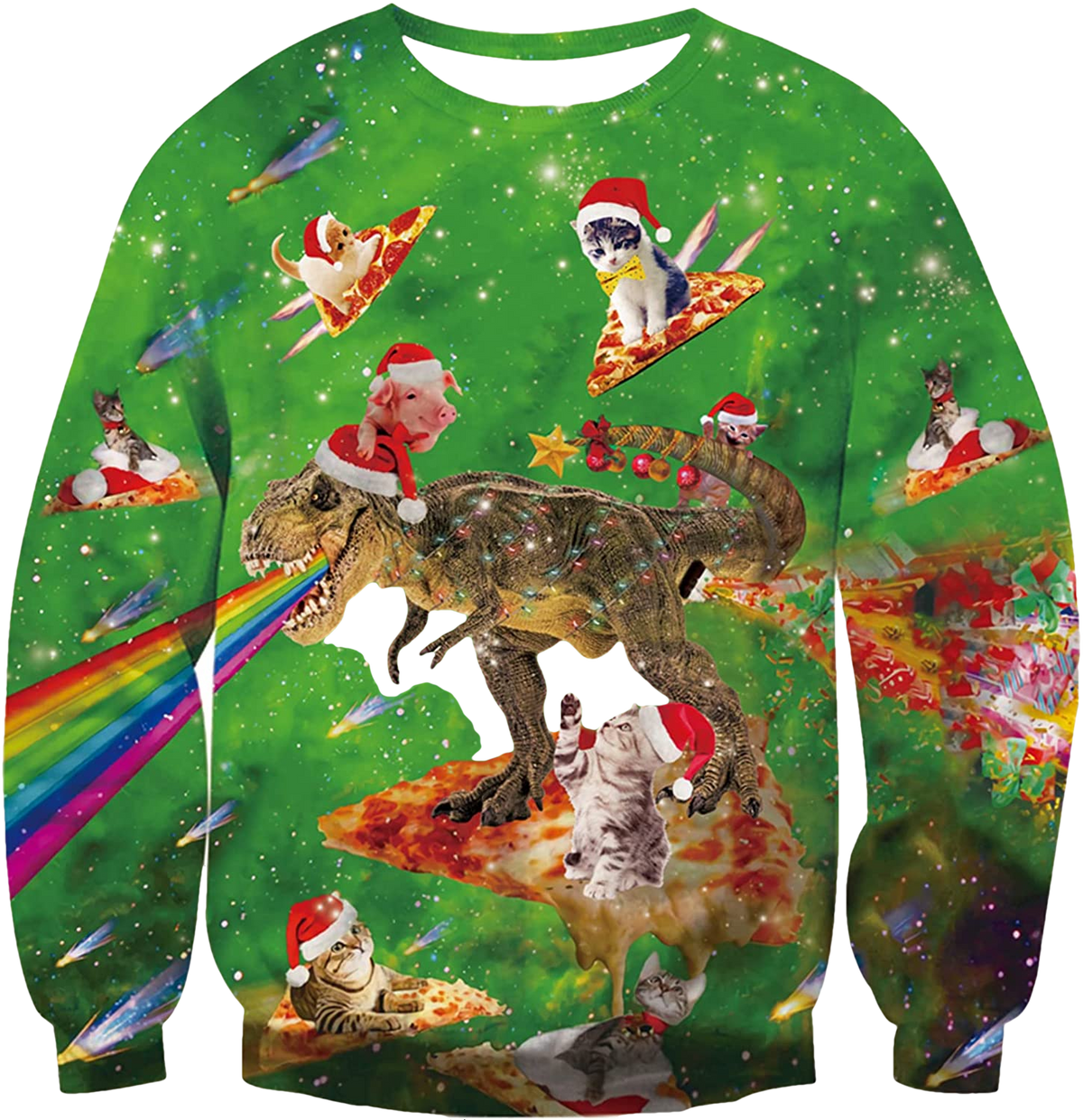 Cat And T-Rex Pizza Fest Ugly Christmas Sweater - Moonbestprint