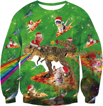 Cat And T-Rex Pizza Fest Ugly Christmas Sweater - Moonbestprint