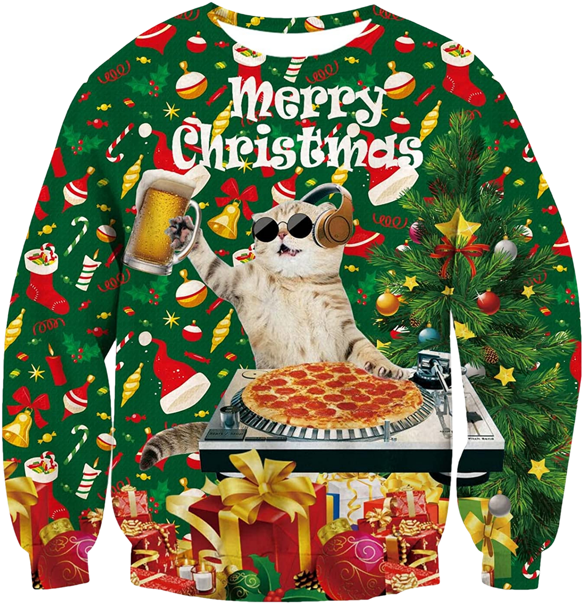 Cat Dj Pizza Merry Christmas Sweater - Moonbestprint