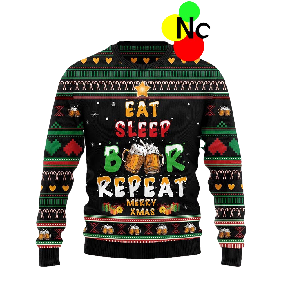 Eat Sleep Beer Repeat Merry Xmas Christmas Sweater - Moonbestprint