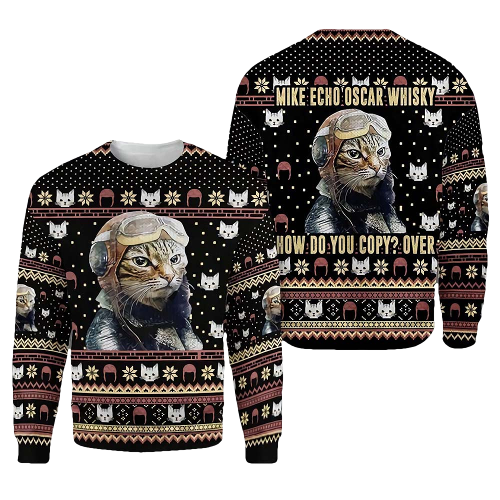 Mike Echo Oscar Whisky Cat Christmas Ugly Sweater - Moonbestprint