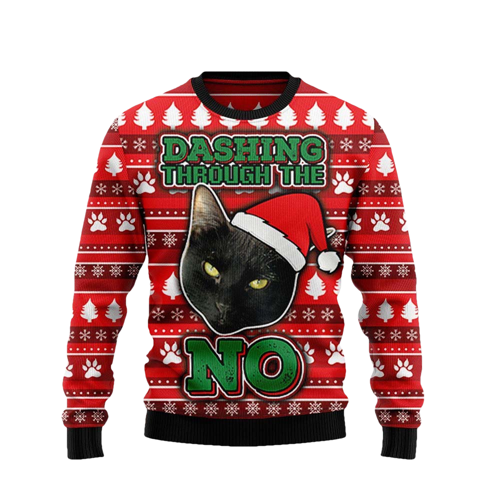 Black Cat Dashing Through The No Christmas Sweater - Moonbestprint