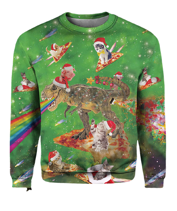 Cat T-Rex Pizza Fest Ugly Christmas Sweater - Moonbestprint