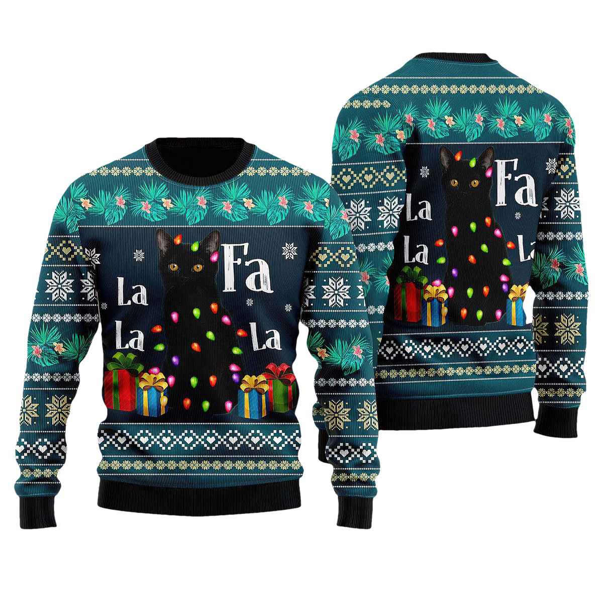 Black Cat Falalala Ugly Christmas Sweater - Moonbestprint