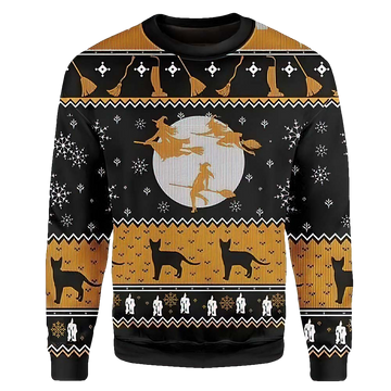 Witch Flying To The Moon And Black Cat Pattern Christmas Sweater - Moonbestprint