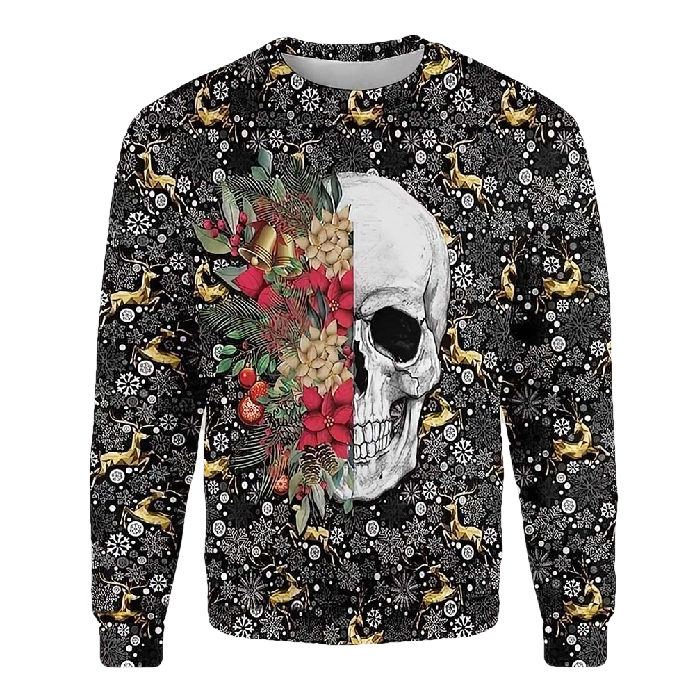 Symmetric Skull And Flowers Christmas Sweater - Moonbestprint
