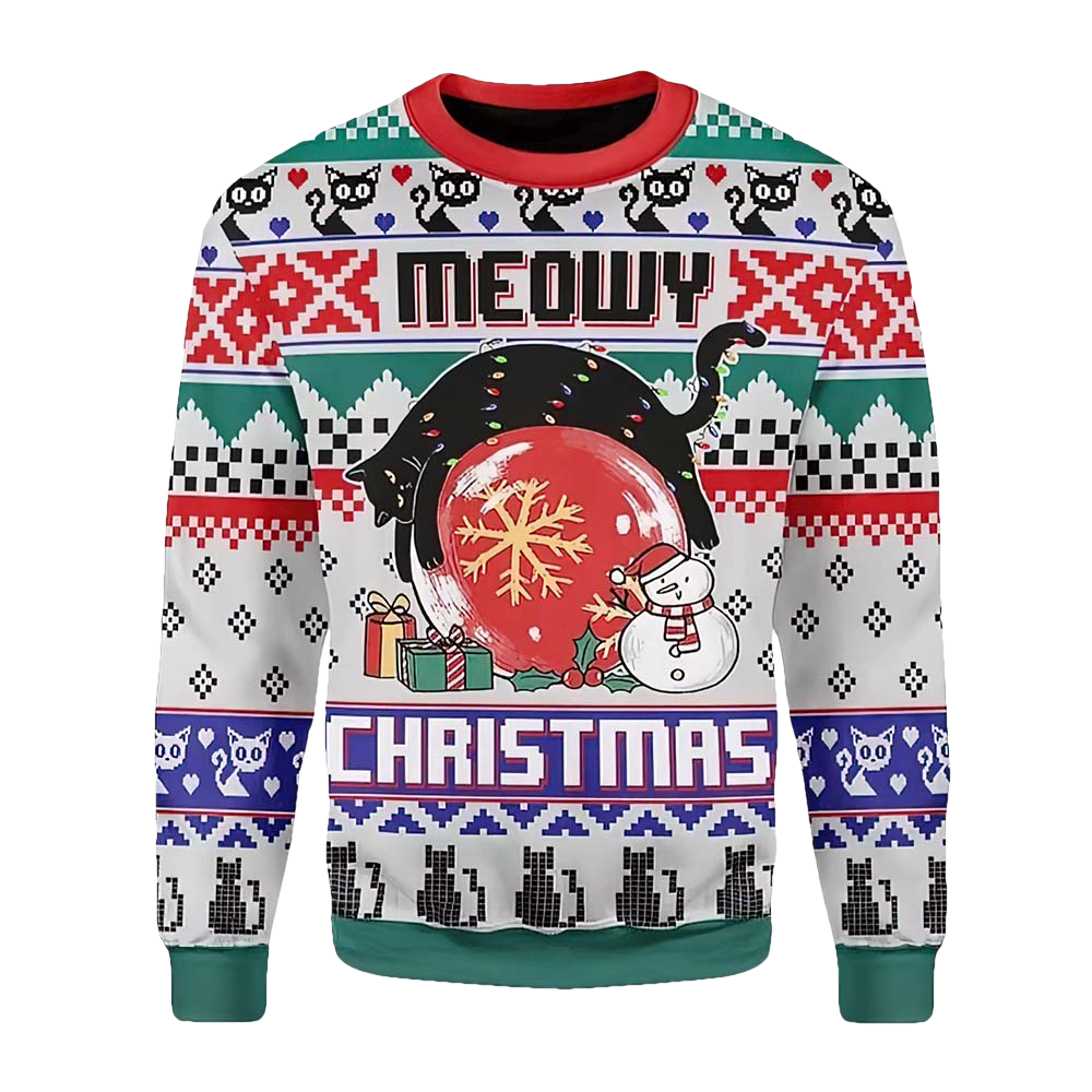 Black Cat On Snowball Meowy Christmas Sweater - Moonbestprint