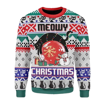 Black Cat On Snowball Meowy Christmas Sweater - Moonbestprint