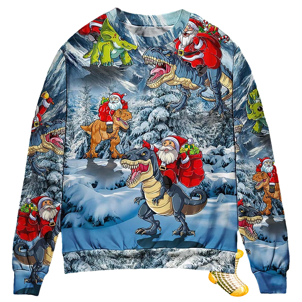 Santa Claus Riding Dinosaur Christmas Sweater - Moonbestprint