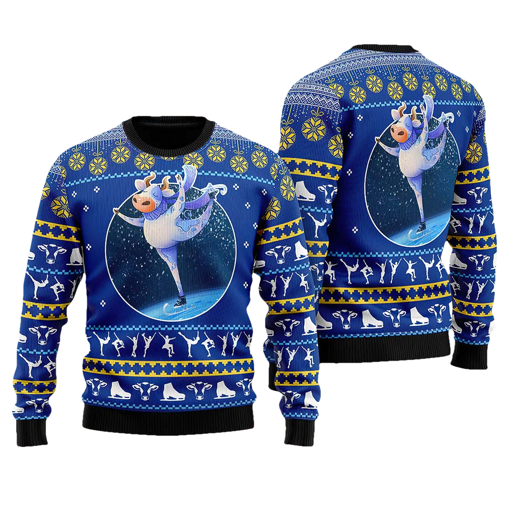 Cow Ice Skating Ugly Christmas Sweater - Moonbestprint