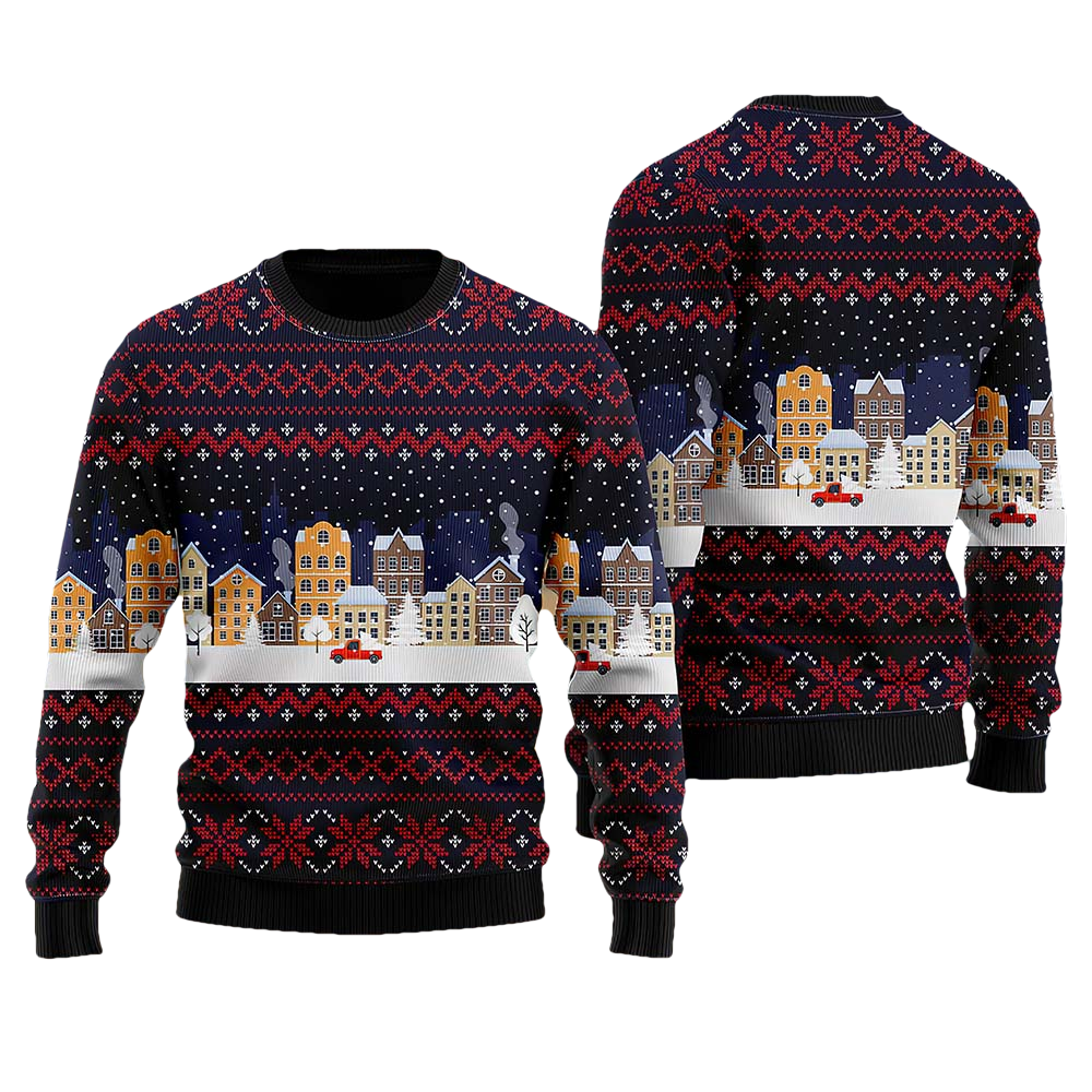 Lonely Red Car In Snow Night Pattern Ugly Christmas Sweater - Moonbestprint