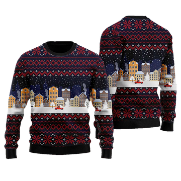 Lonely Red Car In Snow Night Pattern Ugly Christmas Sweater - Moonbestprint