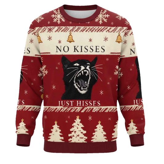 No Kisses Just Hisses Angry Black Cat Christmas Ugly Sweater - Moonbestprint
