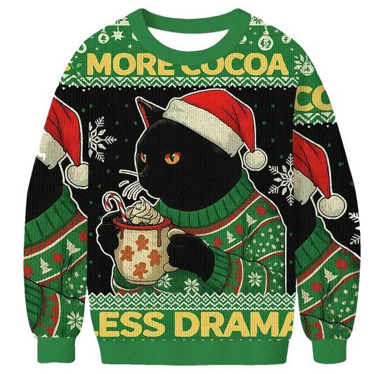 More Cocoa Less Drama Cat Meme Christmas Ugly Sweater - Moonbestprint