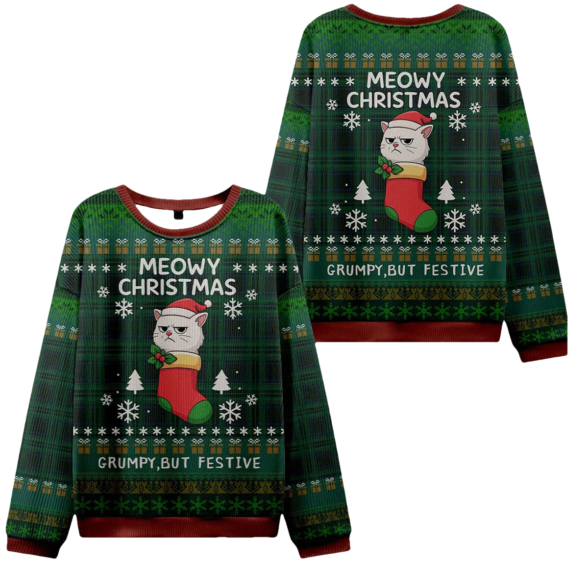 Meowy Grumpy Festive Christmas Ugly Sweater - Moonbestprint