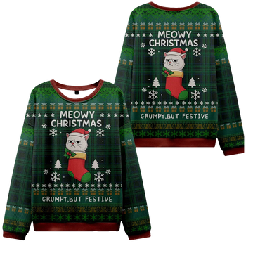 Meowy Grumpy Festive Christmas Ugly Sweater - Moonbestprint