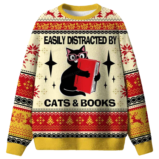 Easily Distracted By Cats And Books Ugly Christmas Sweater - Moonbestprint