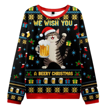 Cute Cat Drinking Beer Ugly Sweater - Moonbestprint