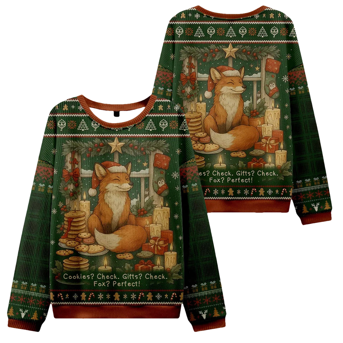 Cookies Candles and a Foxy Holiday Christmas Ugly Sweater - Moonbestprint