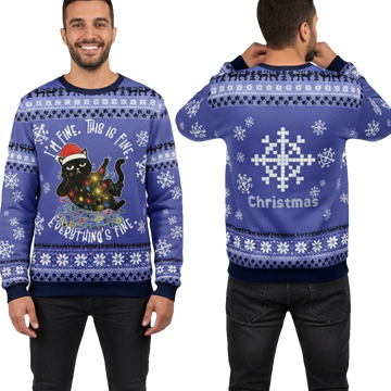 Black Cat I'm Fine This Is Fine Everything's Fine Ugly Christmas Sweater - Moonbestprint