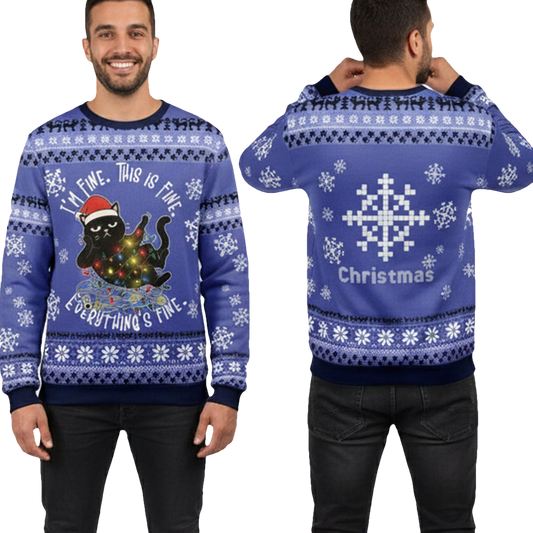 Black Cat I'm Fine This Is Fine Everything's Fine Ugly Christmas Sweater - Moonbestprint