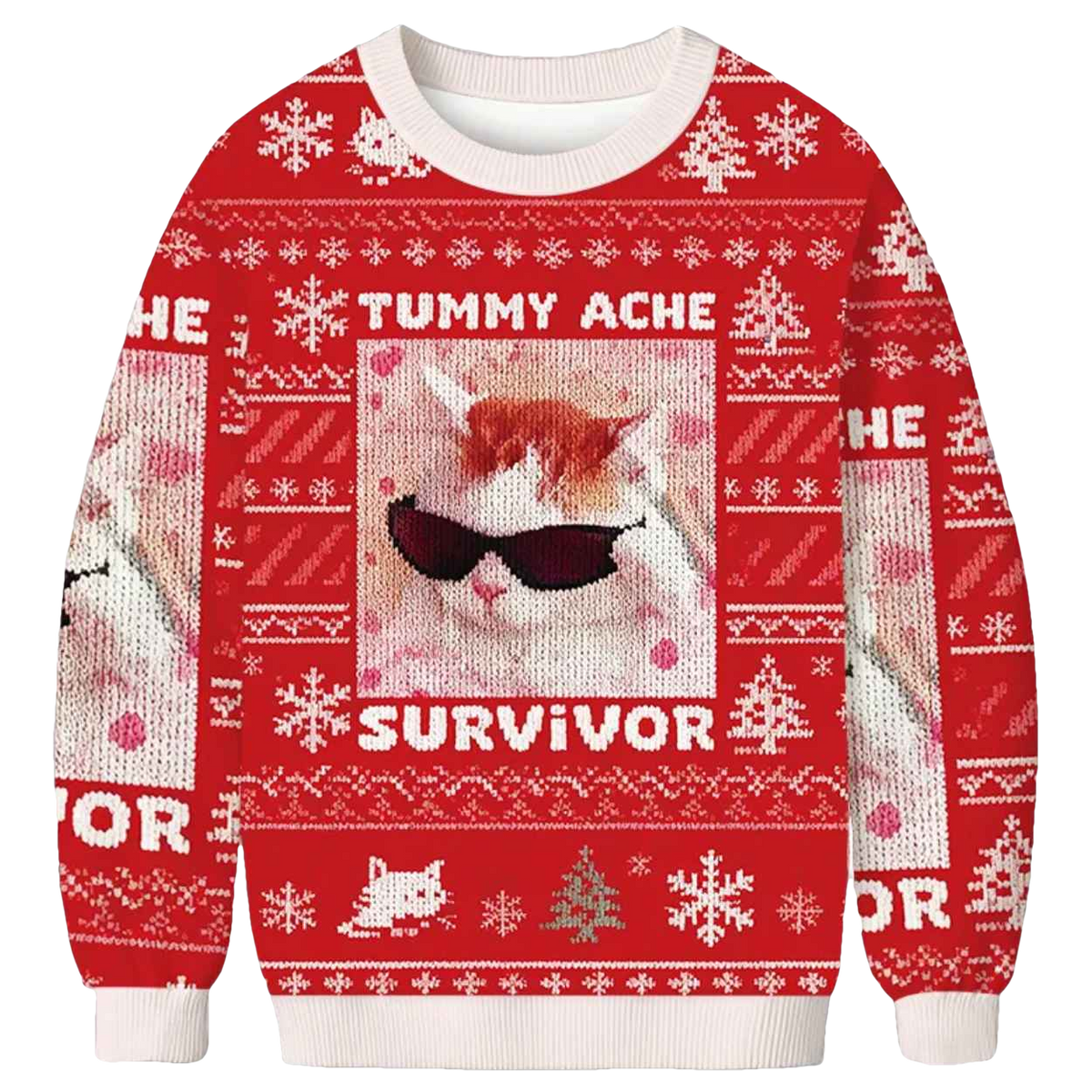 Tummy Ache Survivor Funny Cat Meme Christmas Ugly Sweater - Moonbestprint