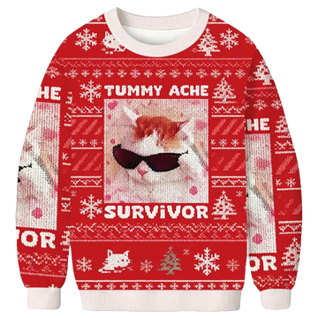 Tummy Ache Survivor Funny Cat Meme Christmas Ugly Sweater - Moonbestprint