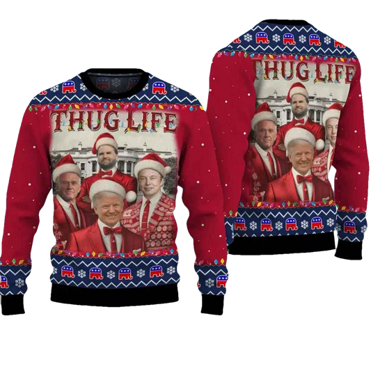 Thug Life Christmas Trump Vance Musk Ugly Christmas Sweater - Moonbestprint