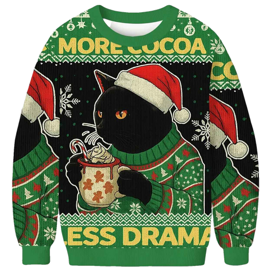 More Cocoa Less Drama Cat Meme Christmas Ugly Sweater - Moonbestprint
