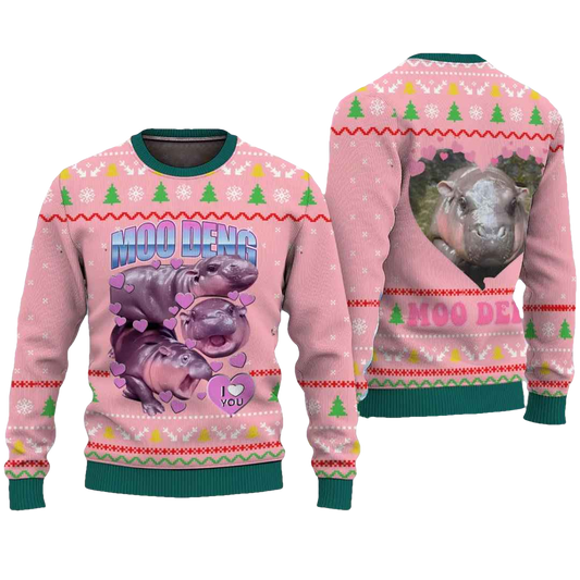 Moo Deng I Love You Cute Thai Baby Hippo Ugly Christmas Sweater - Moonbestprint