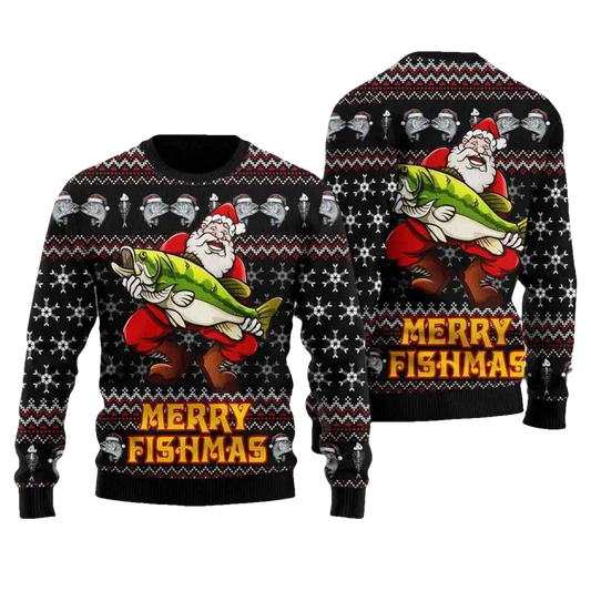 Merry Fishmas Santa Hug Fishing Ugly Christmas Sweater - Moonbestprint