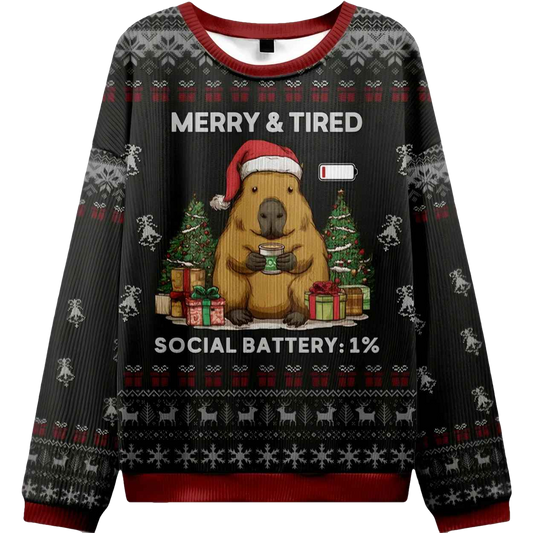 Merry And Tired Social Battery 1% Ugly Christmas Sweater - Moonbestprint