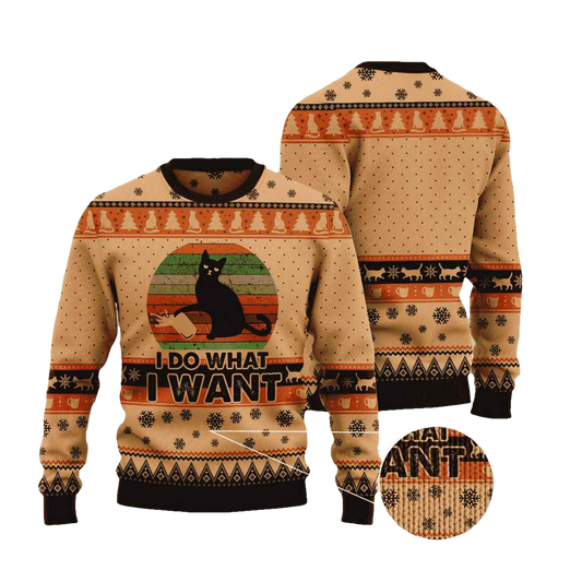 I Do What I Want Black Cat Ugly Christmas Sweater - Moonbestprint