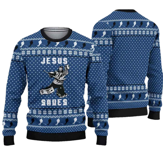 Hockey Jesus Saves Ugly Christmas Sweater - Moonbestprint