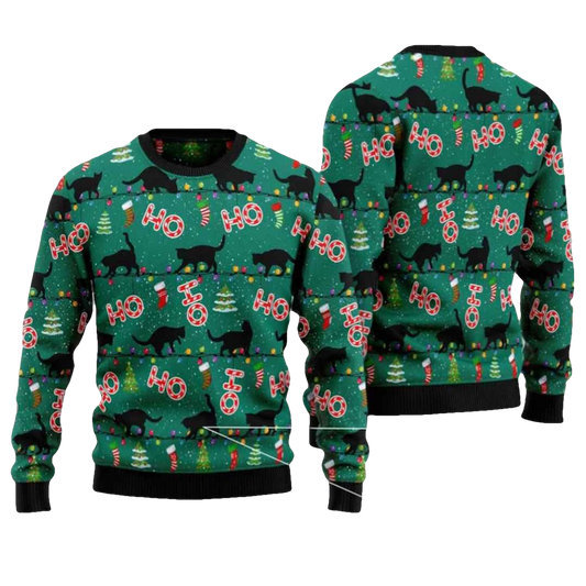 Ho Ho Ho Black Cat Ugly Christmas Sweater - Moonbestprint