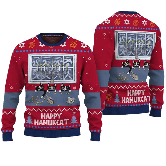 Happy Hanukcat Hanukkah Christmas Ugly Sweater - Moonbestprint