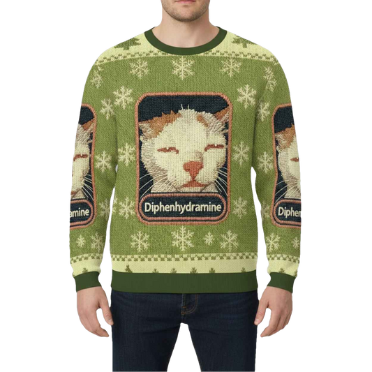 Green Drowsy Diphenhydramine Cat Meme Christmas Ugly Sweater - Moonbestprint