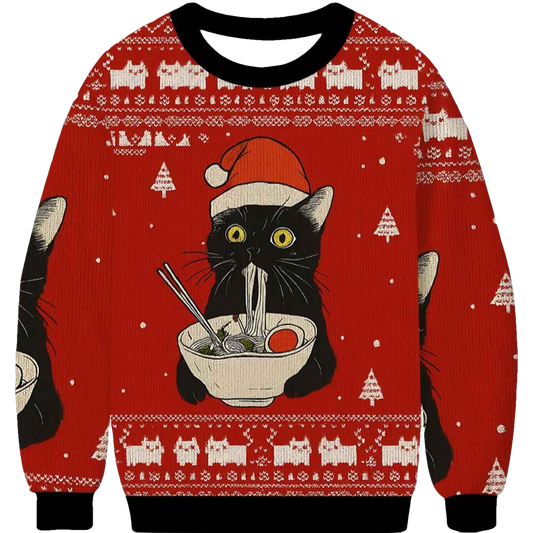 Funny Taking a Cat to Eat Ramen Ugly Christmas Sweater - Moonbestprint