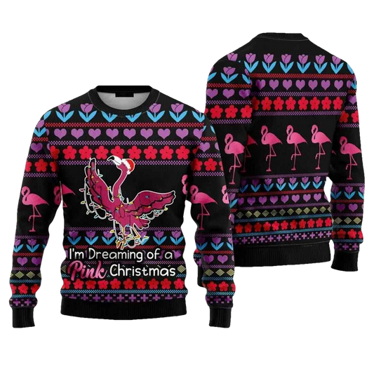 Flamingo Pink I'm Dreaming Of A Pink Christmas Ugly Christmas Sweater - Moonbestprint