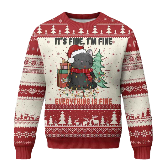 Christmas Black Cat It’s Fine I’m Fine Everything Is Fine Ugly Christmas Sweater - Moonbestprint