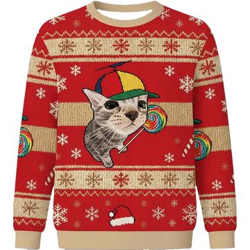 Cat With Lollipop And Hat Christmas Ugly Sweater - Moonbestprint