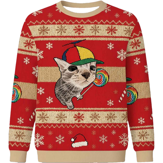 Cat With Lollipop And Hat Christmas Ugly Sweater - Moonbestprint