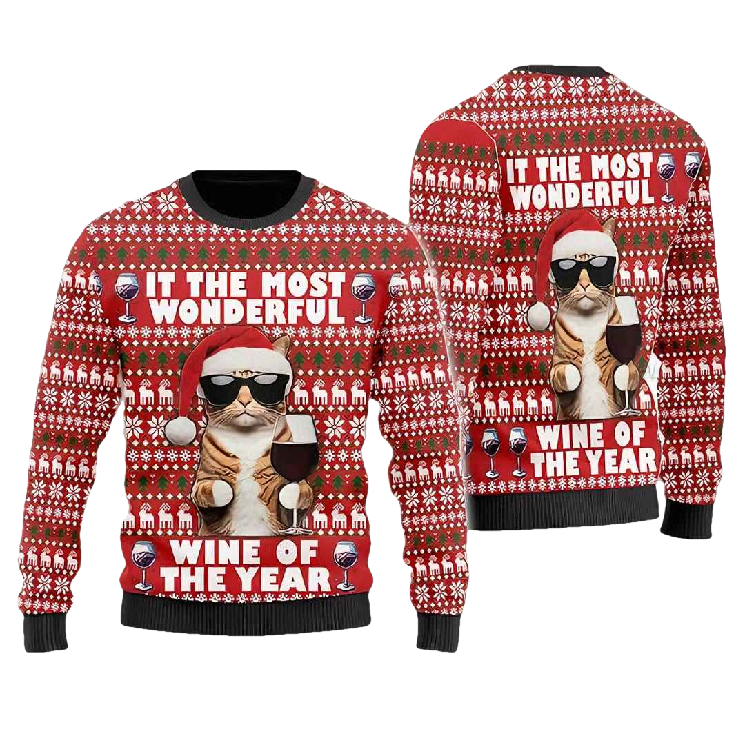 Cat With Wine Glass Ugly Christmas Sweater - Moonbestprint