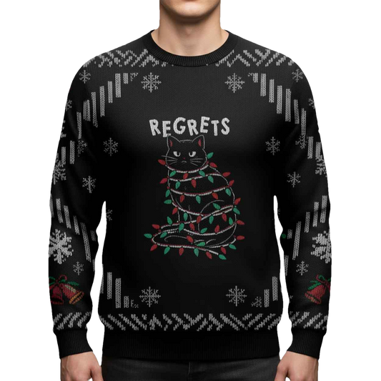 Black Cat Tangled Up on Christmas Lights Christmas Ugly Sweater - Moonbestprint