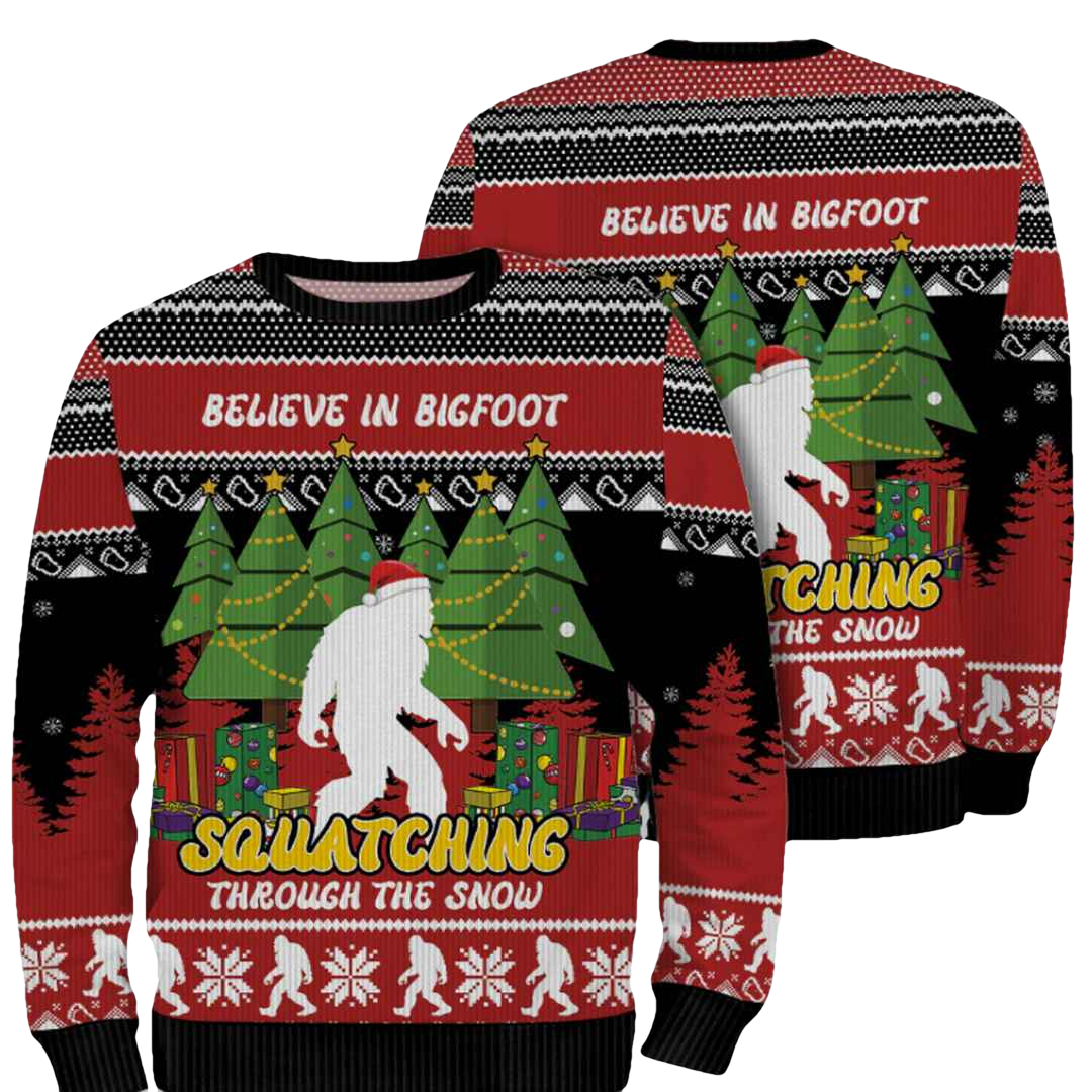 Believe In Bigfoot Squatching Through The Snow Ugly Christmas Sweater - Moonbestprint