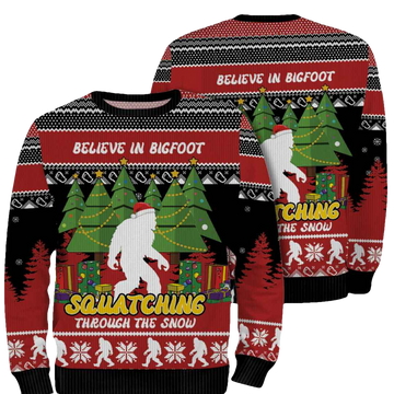 Believe In Bigfoot Squatching Through The Snow Ugly Christmas Sweater - Moonbestprint